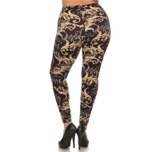 Black and Gold Paisley Pattern Print Buttery Soft Leggings - Picture 3 of 4